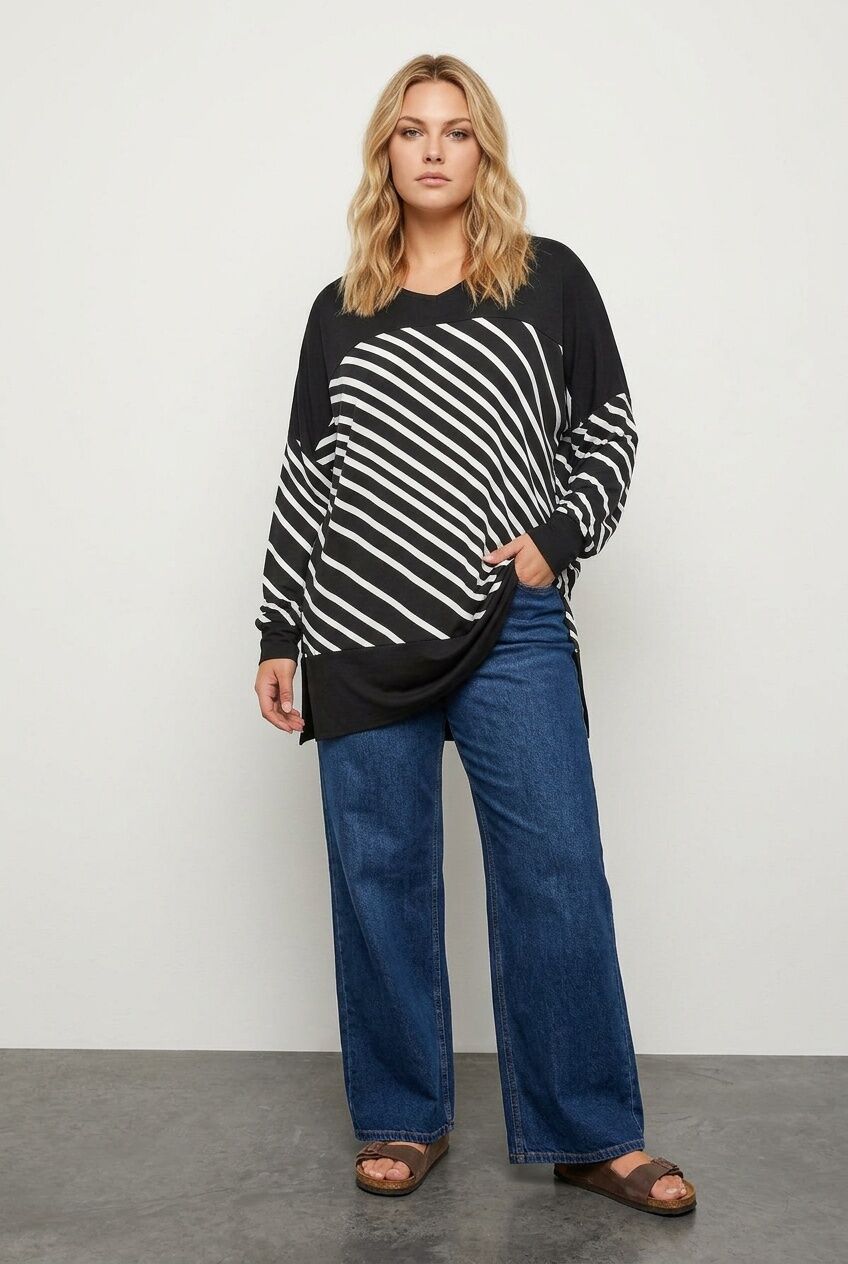 Plus Size Patterned Stretchy Fabric Long Sleeve Tunic Blouse