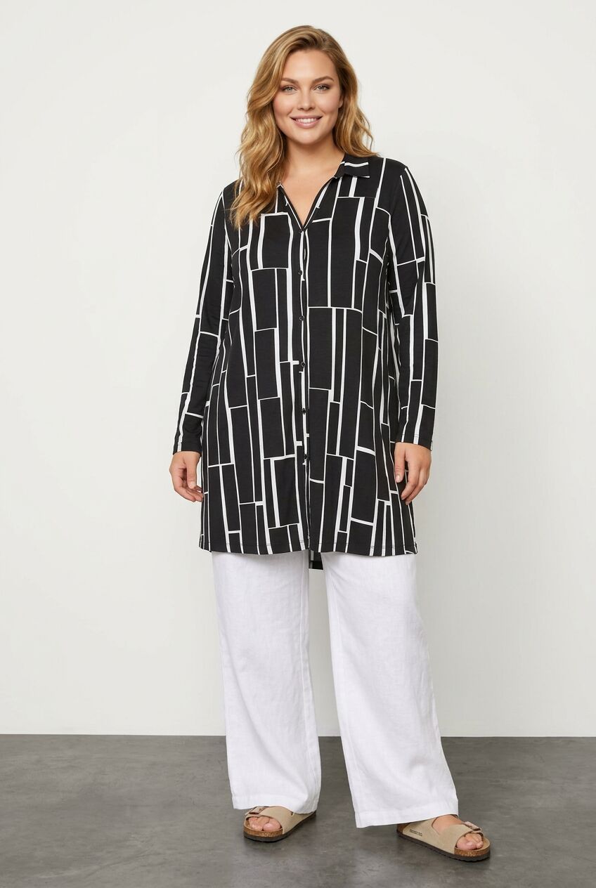 Plus Size Geometric Patterned Longline Long Sleeve Shirt