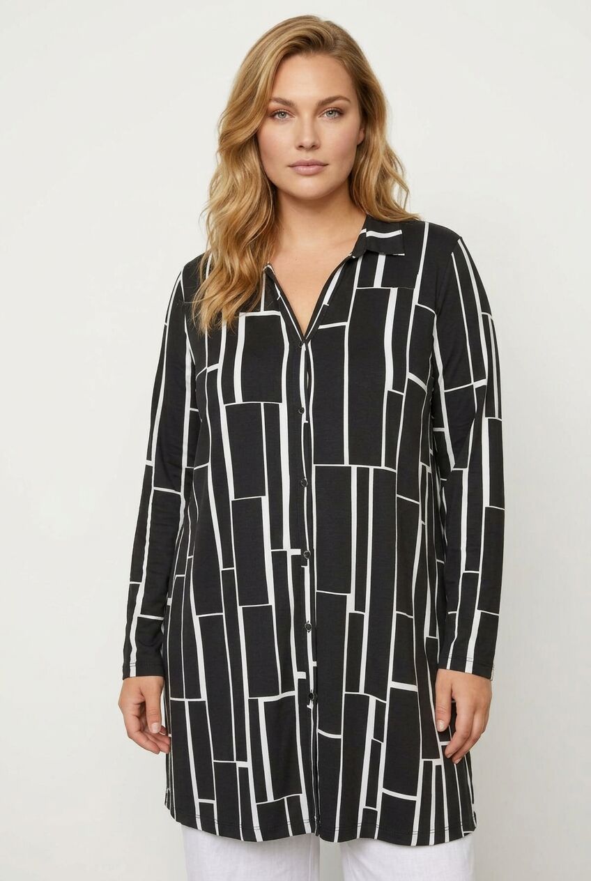 Plus Size Geometric Patterned Longline Long Sleeve Shirt