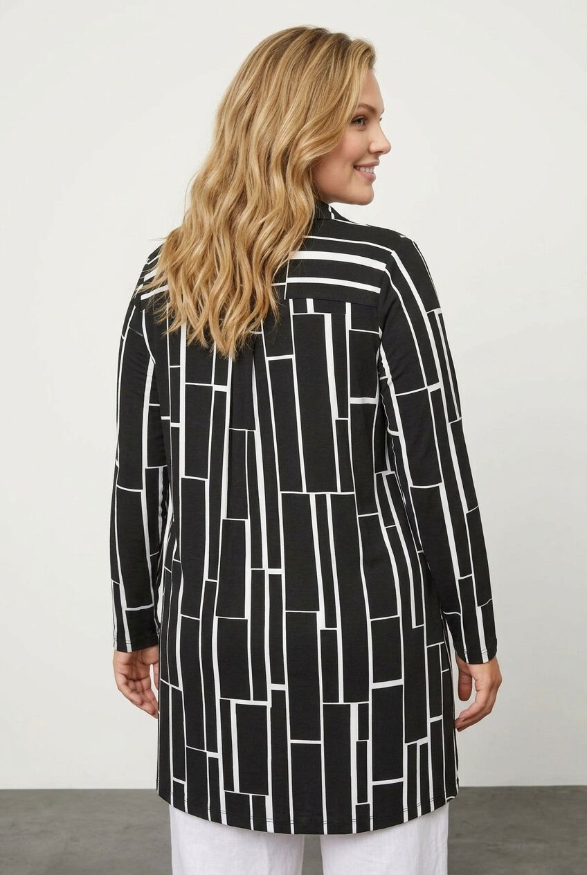 Plus Size Geometric Patterned Longline Long Sleeve Shirt