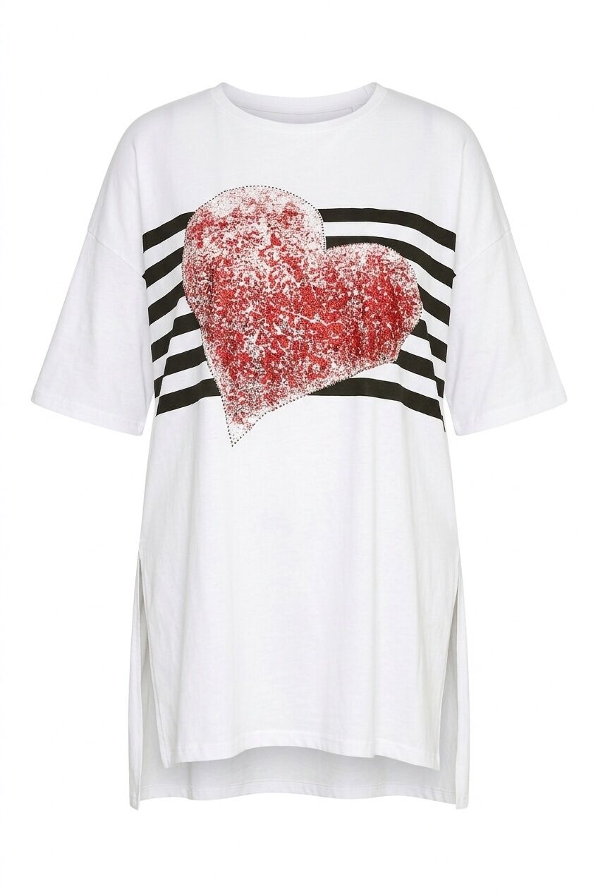 Plus Size Heart Print Side Slit Detail Short Sleeve Crew Neck T-shirt