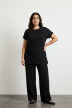 Plus Size Short Sleeve Crew Neck Side Slit Beaded Basic T-shirt
