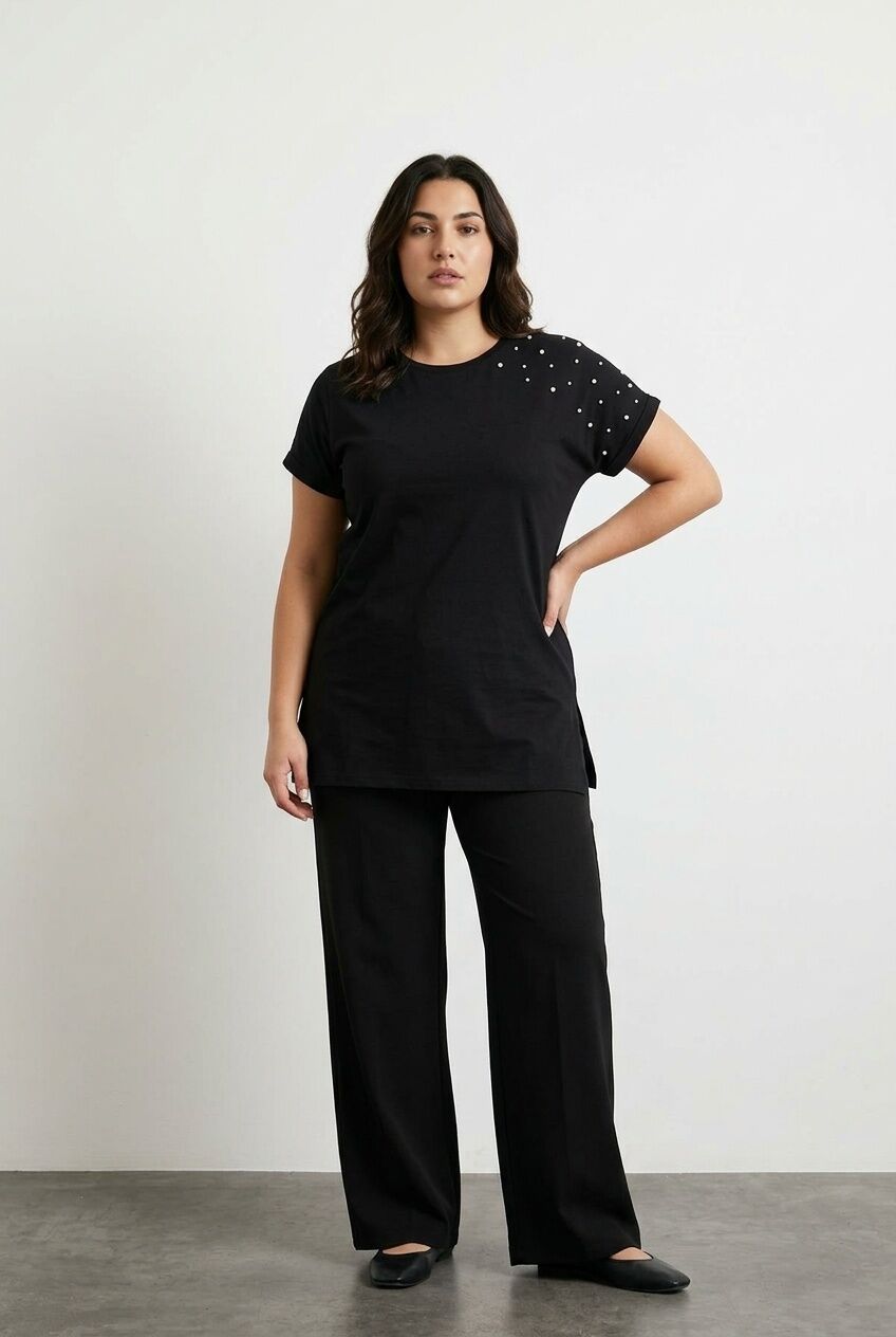 Plus Size Short Sleeve Crew Neck Side Slit Beaded Basic T-shirt