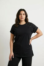 Plus Size Short Sleeve Crew Neck Side Slit Beaded Basic T-shirt