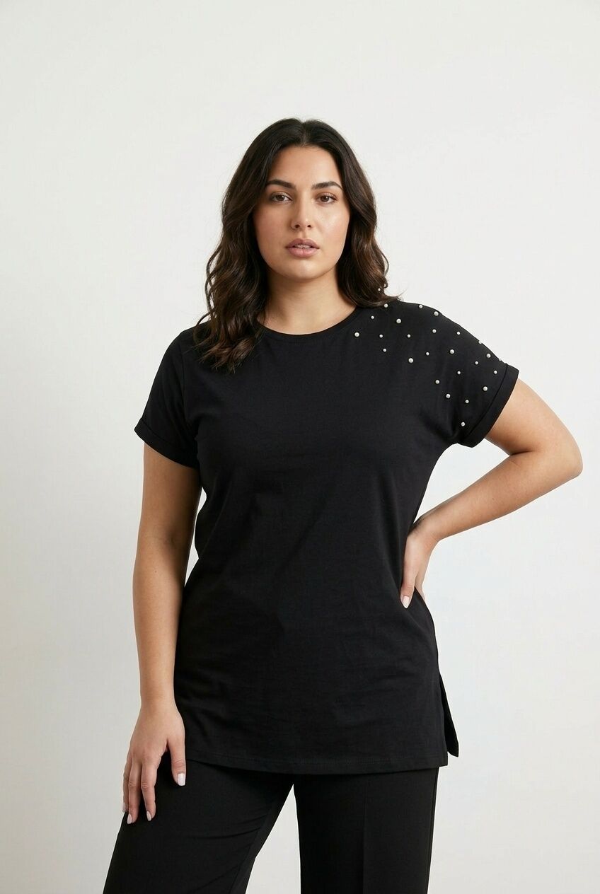 Plus Size Short Sleeve Crew Neck Side Slit Beaded Basic T-shirt