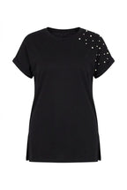 Plus Size Short Sleeve Crew Neck Side Slit Beaded Basic T-shirt