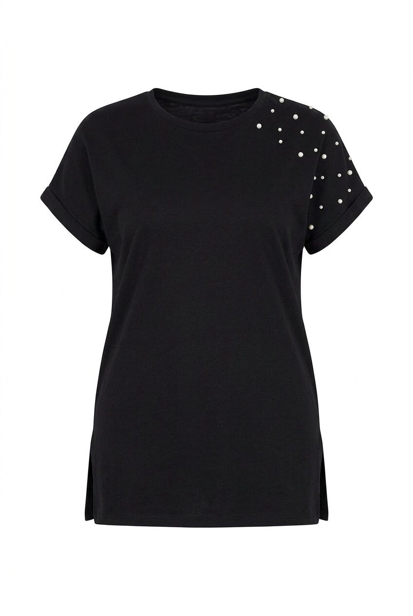 Plus Size Short Sleeve Crew Neck Side Slit Beaded Basic T-shirt