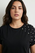 Plus Size Short Sleeve Crew Neck Side Slit Beaded Basic T-shirt