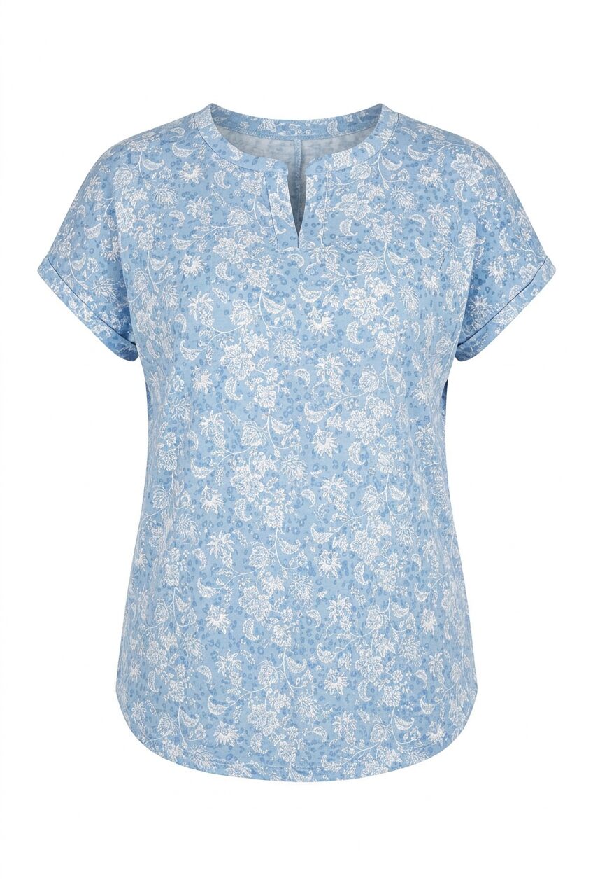 Plus Size Short Sleeve Notch V-Neck Patterned Blouse