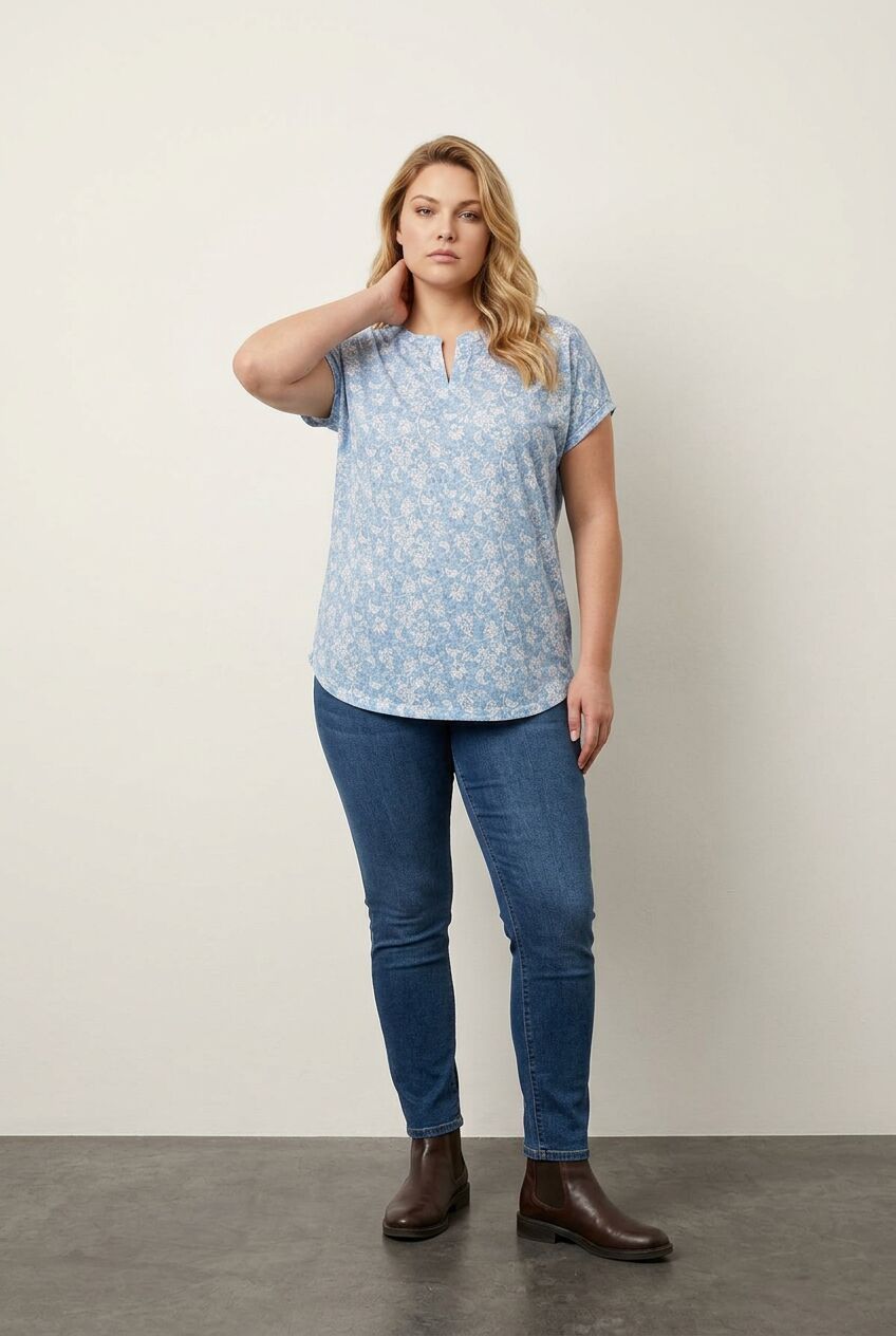 Plus Size Short Sleeve Notch V-Neck Patterned Blouse