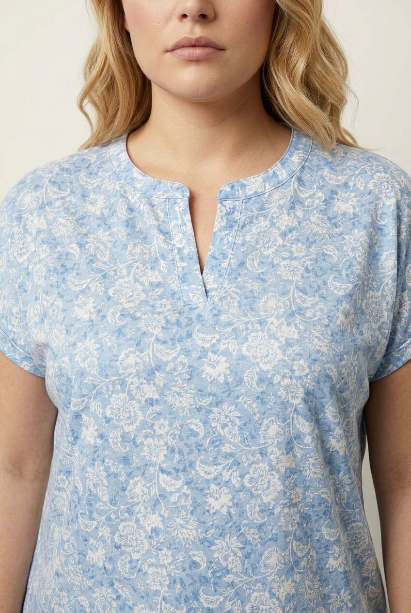 Plus Size Short Sleeve Notch V-Neck Patterned Blouse