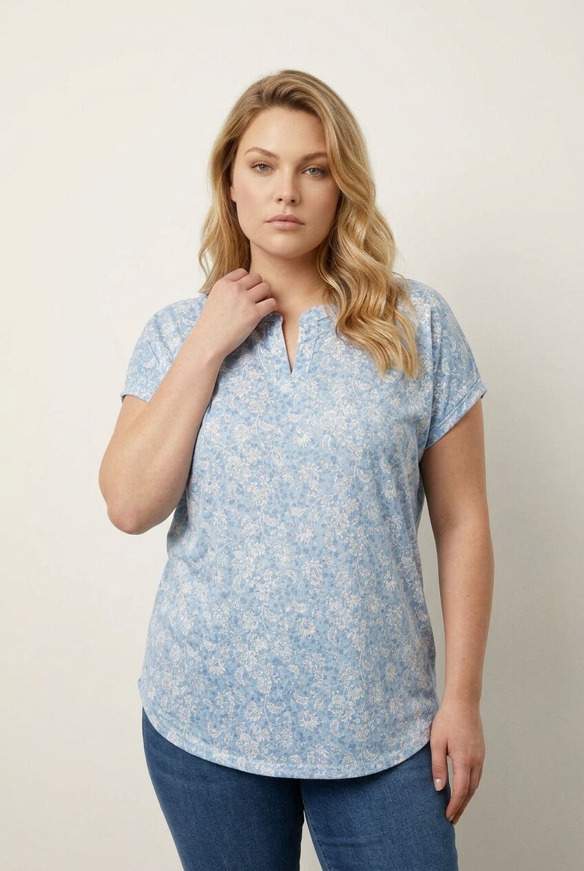 Plus Size Short Sleeve Notch V-Neck Patterned Blouse