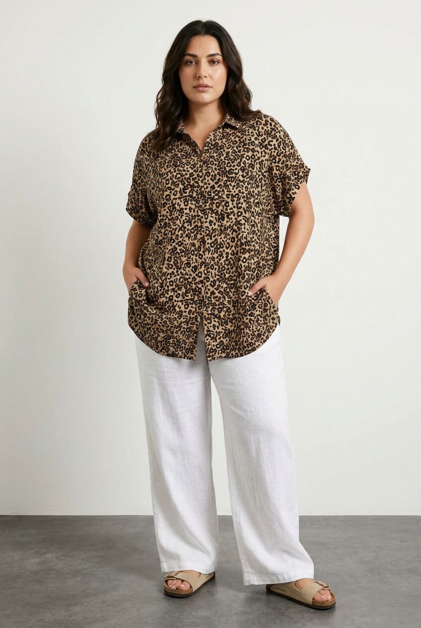 Plus Size Short Sleeve Patterned Buttoned Shirt