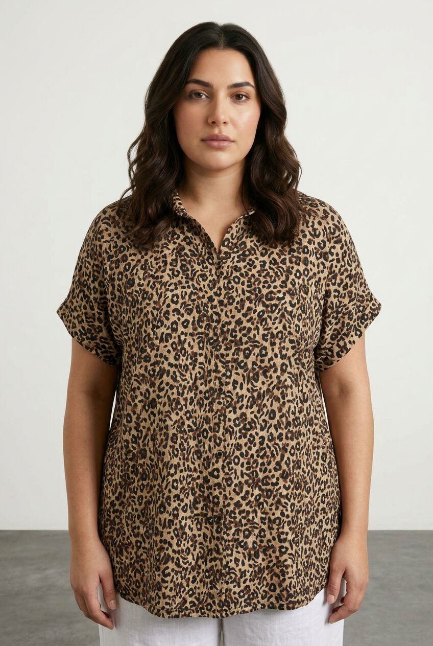 Plus Size Short Sleeve Patterned Buttoned Shirt