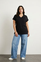 Plus Size Short Sleeve V-Neck Side Slit Beaded Basic T-shirt