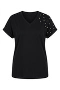Plus Size Short Sleeve V-Neck Side Slit Beaded Basic T-shirt