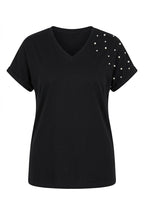 Plus Size Short Sleeve V-Neck Side Slit Beaded Basic T-shirt