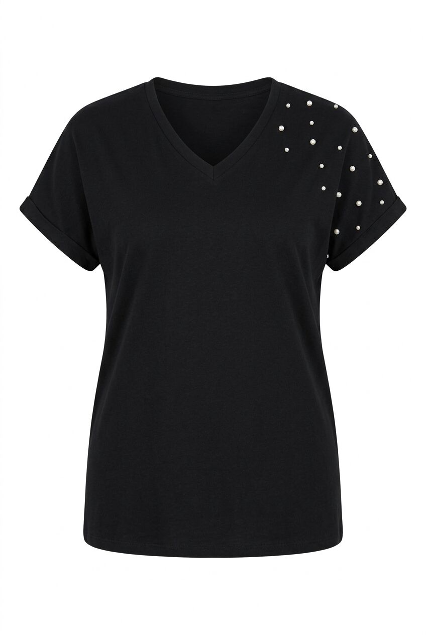 Plus Size Short Sleeve V-Neck Side Slit Beaded Basic T-shirt