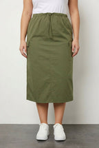 Plus Size Midi Length Shirred Waist Back Slit Cargo Skirt