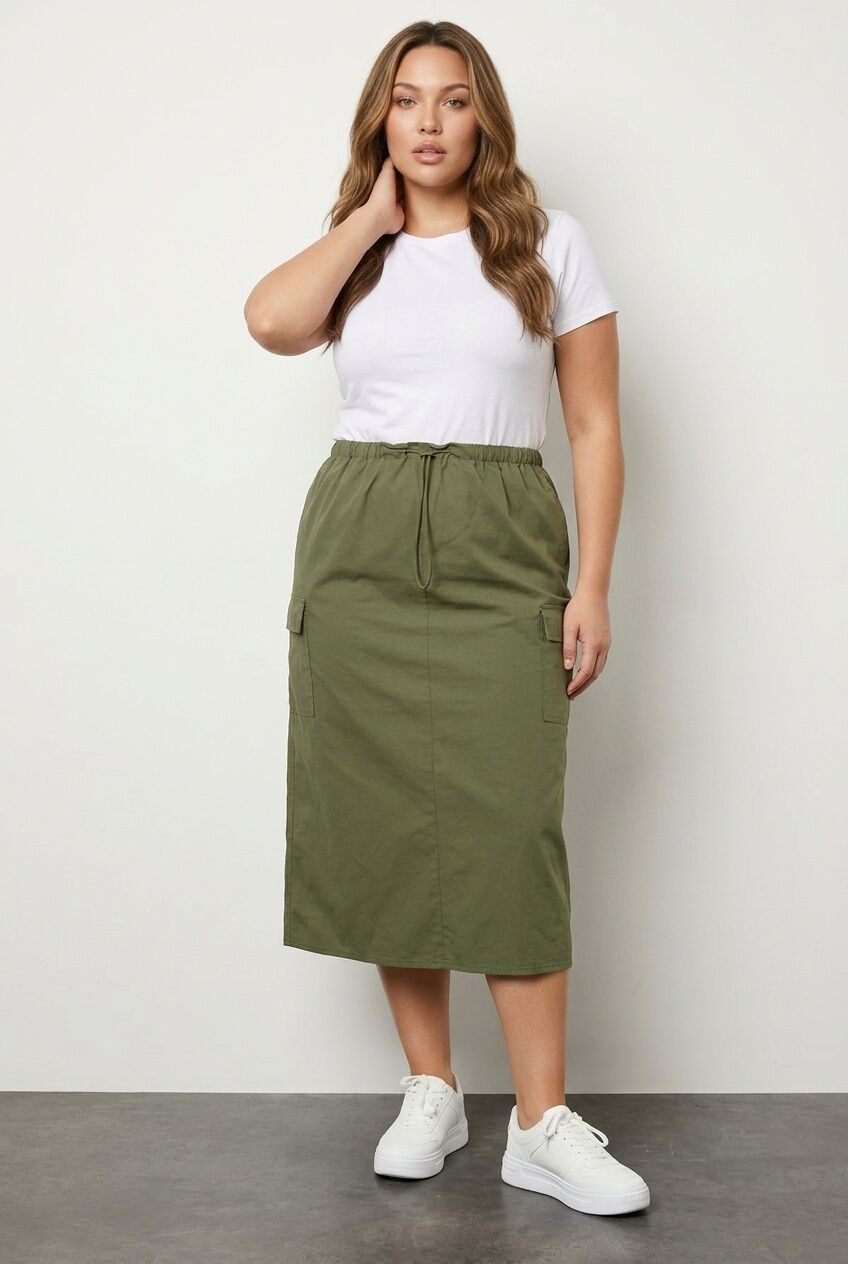 Plus Size Midi Length Shirred Waist Back Slit Cargo Skirt