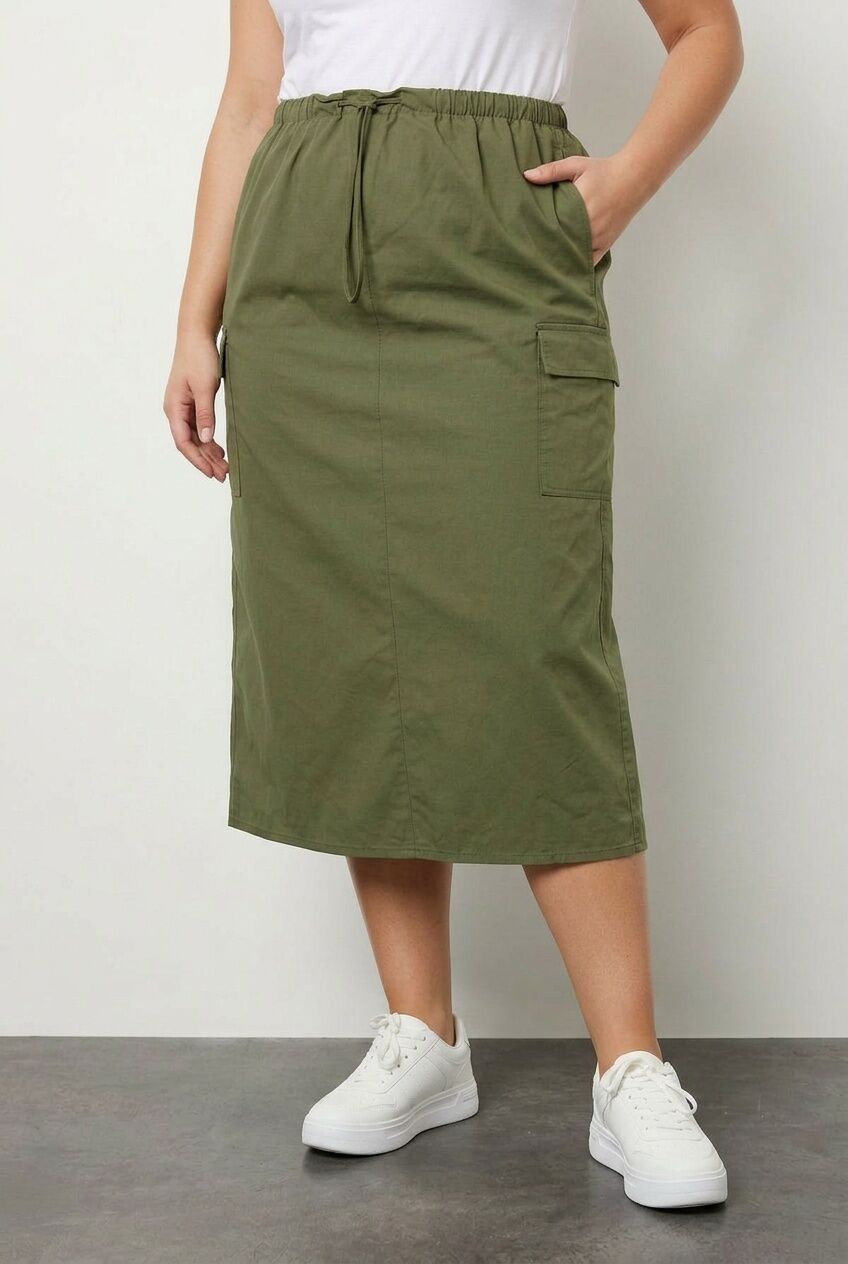 Plus Size Midi Length Shirred Waist Back Slit Cargo Skirt