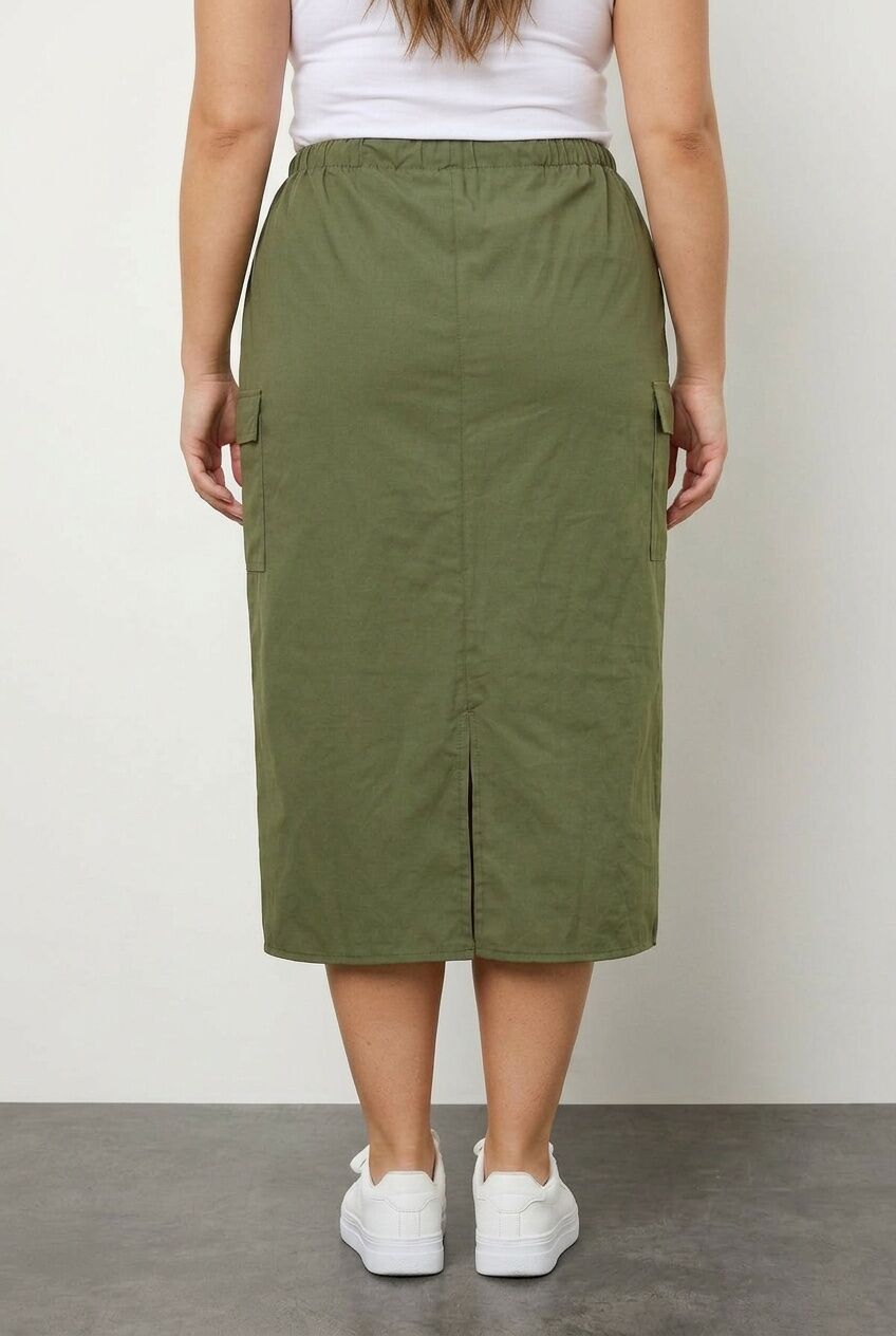 Plus Size Midi Length Shirred Waist Back Slit Cargo Skirt