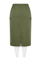 Plus Size Midi Length Shirred Waist Back Slit Cargo Skirt