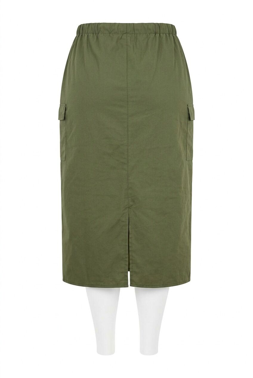 Plus Size Midi Length Shirred Waist Back Slit Cargo Skirt