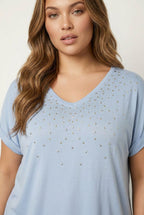 Plus Size Sequin Detailed V-Neck Short Sleeve Blouse