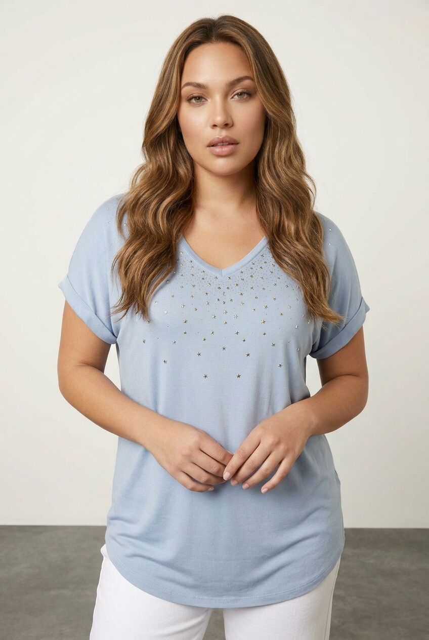 Plus Size Sequin Detailed V-Neck Short Sleeve Blouse