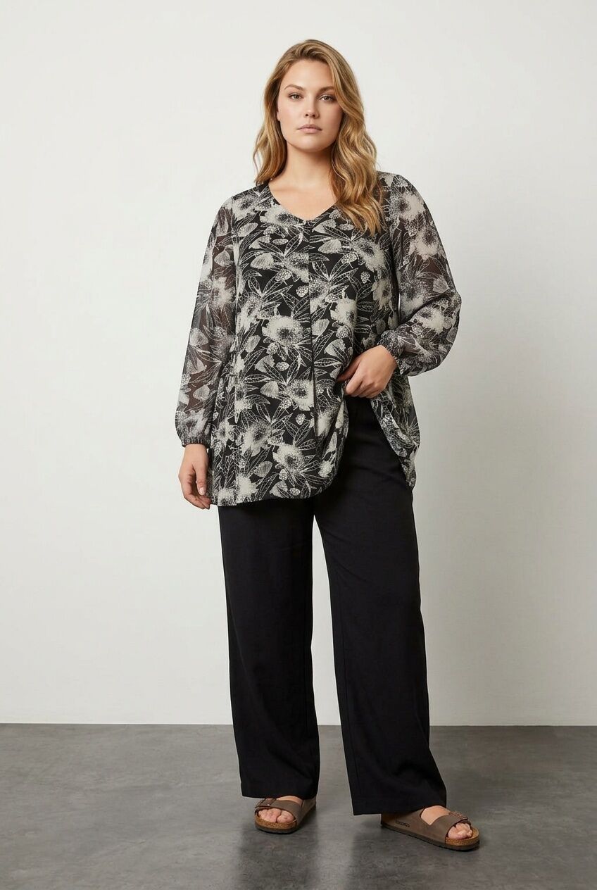 Plus Size Long-Sleeved Tulle Detailed Pleated V-Neck Blouse