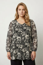 Plus Size Long-Sleeved Tulle Detailed Pleated V-Neck Blouse