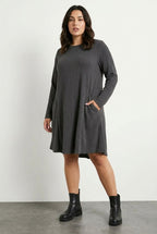 Plus Size Long Sleeve Ribbed Crew Neck Dress with Pockets