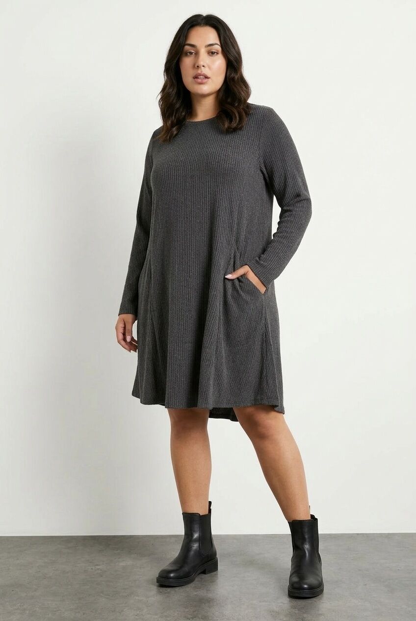 Plus Size Long Sleeve Ribbed Crew Neck Dress with Pockets
