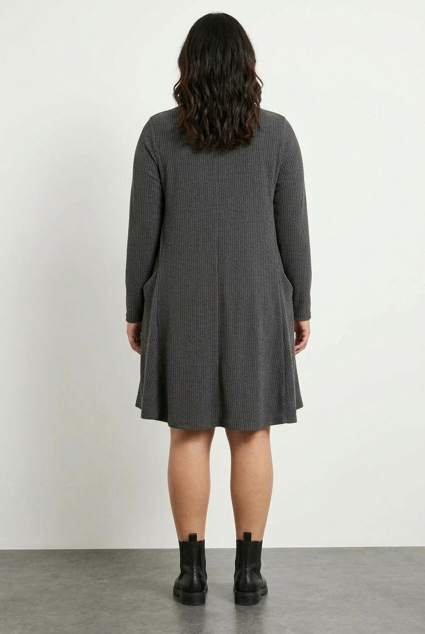 Plus Size Long Sleeve Ribbed Crew Neck Dress with Pockets