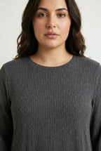 Plus Size Long Sleeve Ribbed Crew Neck Dress with Pockets
