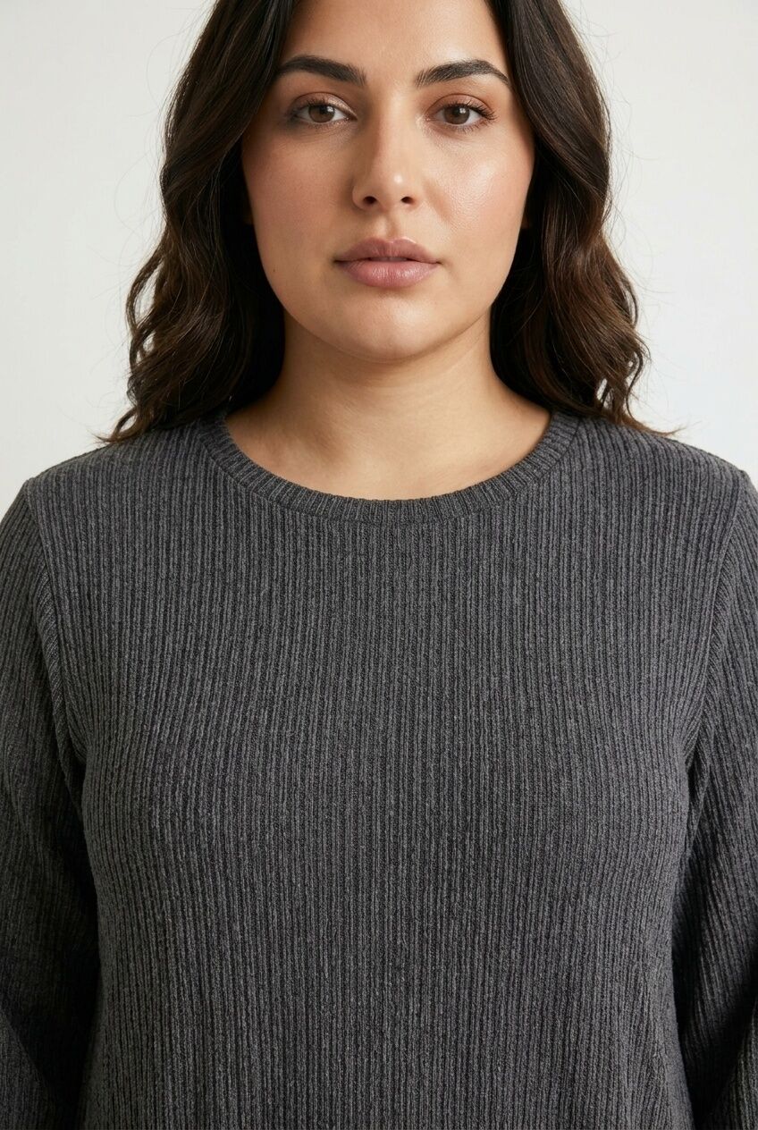 Plus Size Long Sleeve Ribbed Crew Neck Dress with Pockets