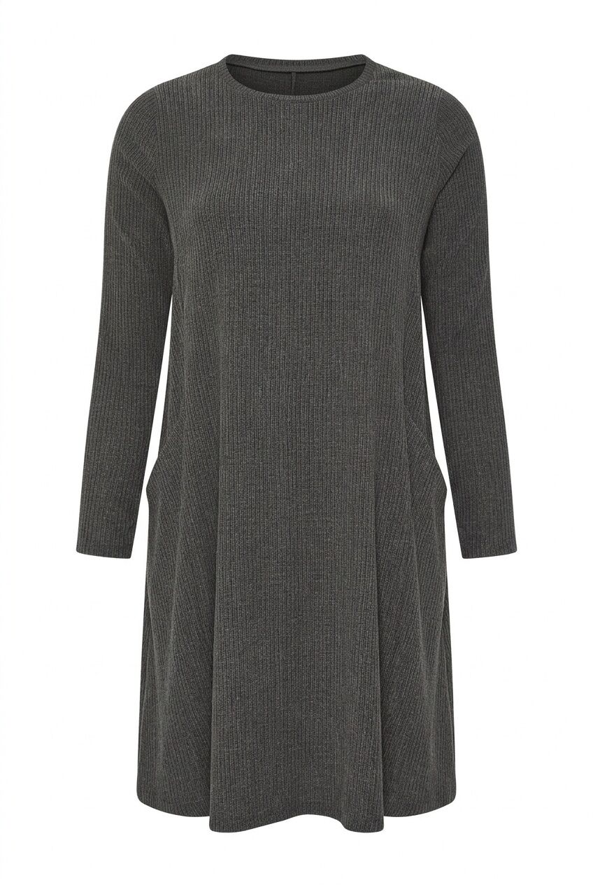 Plus Size Long Sleeve Ribbed Crew Neck Dress with Pockets