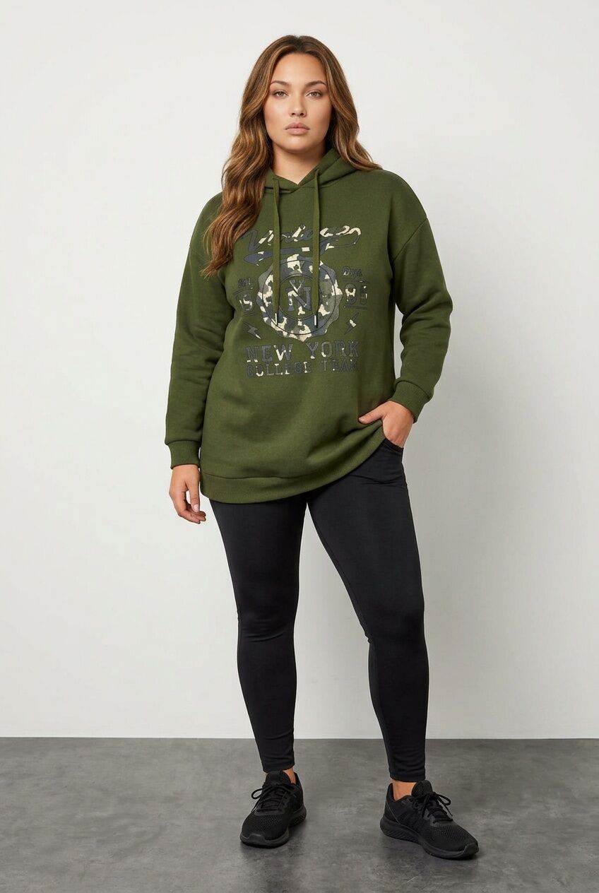 Plus Size Long Sleeve Hooded Front Slogan Printed Sweatshirt