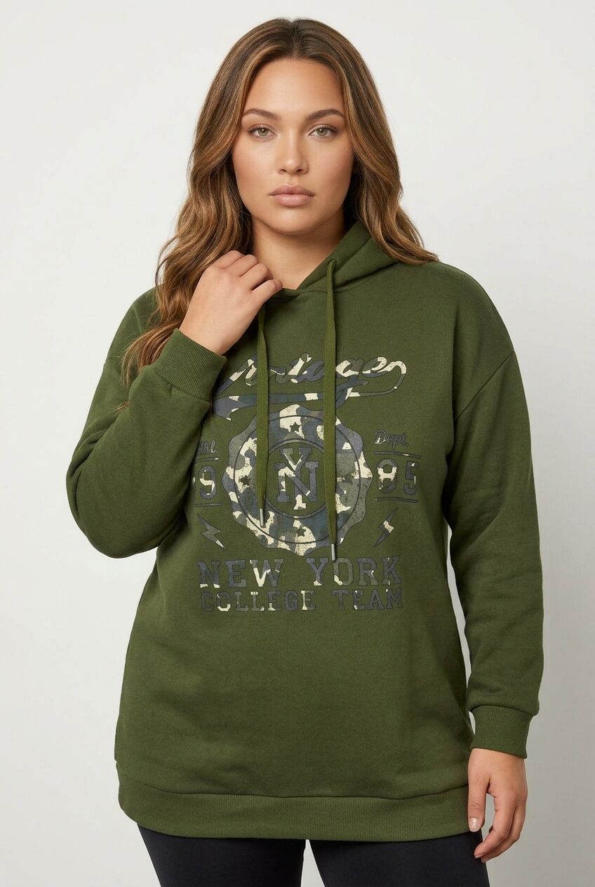 Plus Size Long Sleeve Hooded Front Slogan Printed Sweatshirt