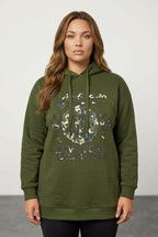 Plus Size Long Sleeve Hooded Front Slogan Printed Sweatshirt
