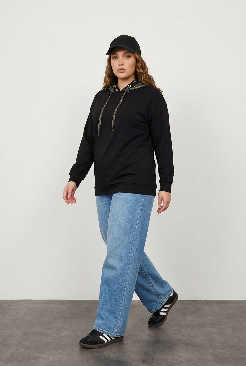 Plus Size Long Sleeve Patterned Hooded Sweatshirt with Elastic Waist