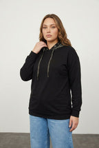 Plus Size Long Sleeve Patterned Hooded Sweatshirt with Elastic Waist