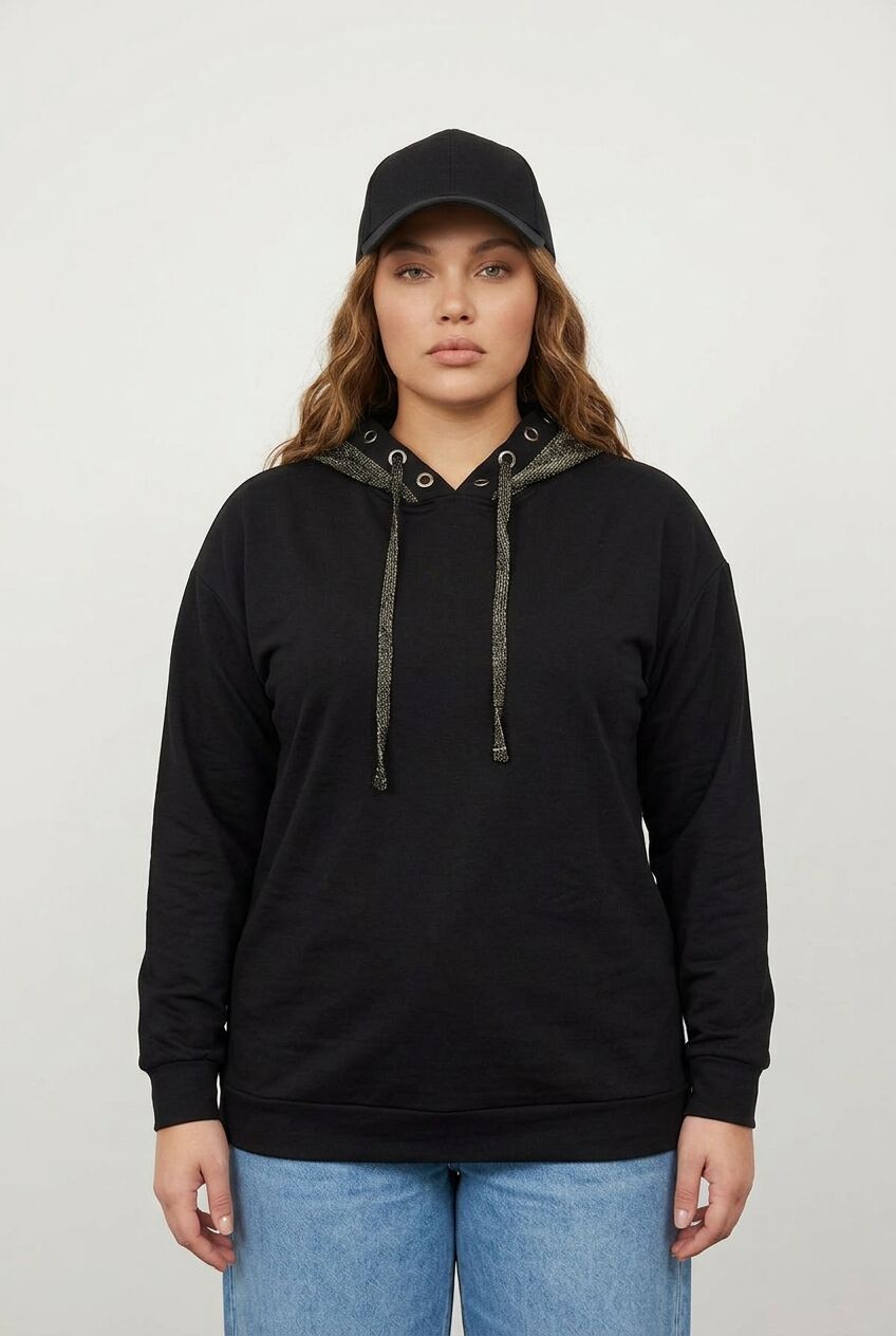 Plus Size Long Sleeve Patterned Hooded Sweatshirt with Elastic Waist