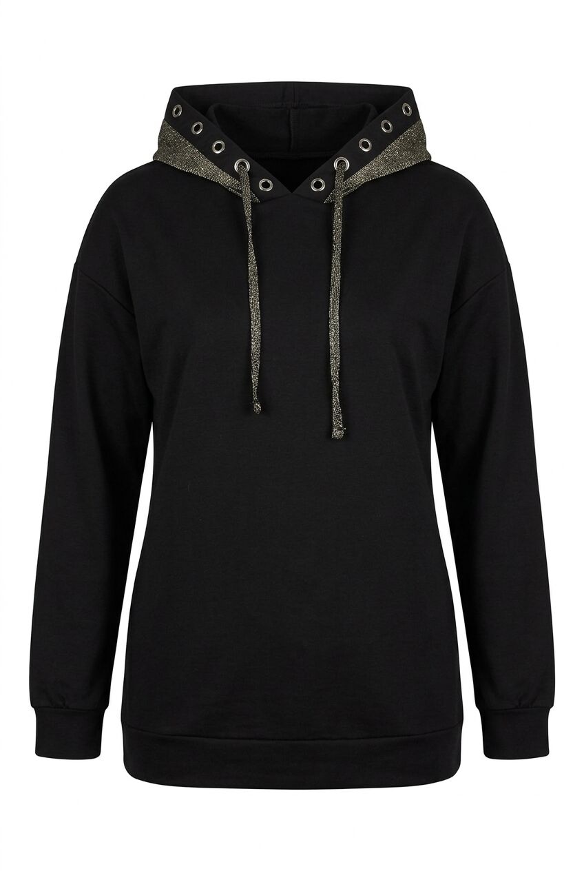 Plus Size Long Sleeve Patterned Hooded Sweatshirt with Elastic Waist