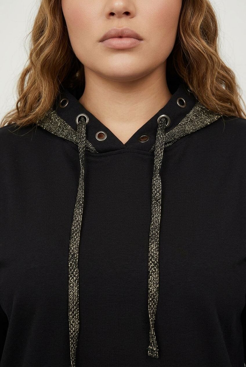 Plus Size Long Sleeve Patterned Hooded Sweatshirt with Elastic Waist