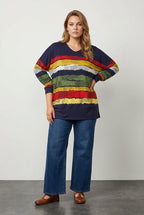 Plus Size V-Neck Striped Side Slit Long Sleeve Blouse