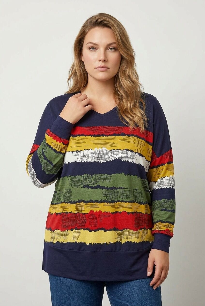 Plus Size V-Neck Striped Side Slit Long Sleeve Blouse