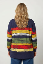 Plus Size V-Neck Striped Side Slit Long Sleeve Blouse