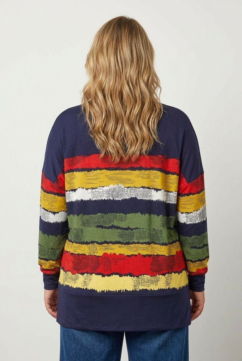Plus Size V-Neck Striped Side Slit Long Sleeve Blouse